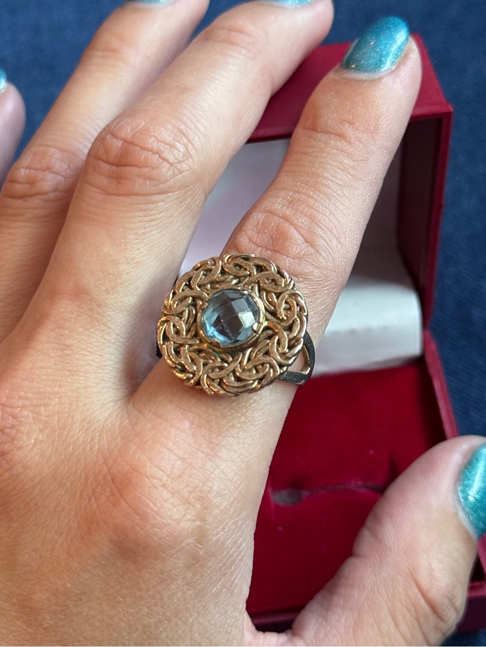 OT 925 turkey Gold plated filigree blue stone cocktail Ring Size 8